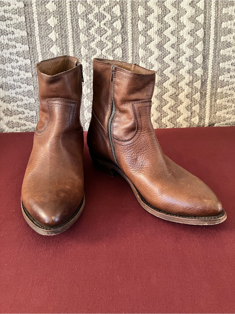 Frye Stone Brown Leather Ankle Zip Booties